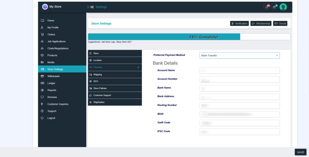 Bank transfer payment settings for withdrawing earnings on 3DGigs