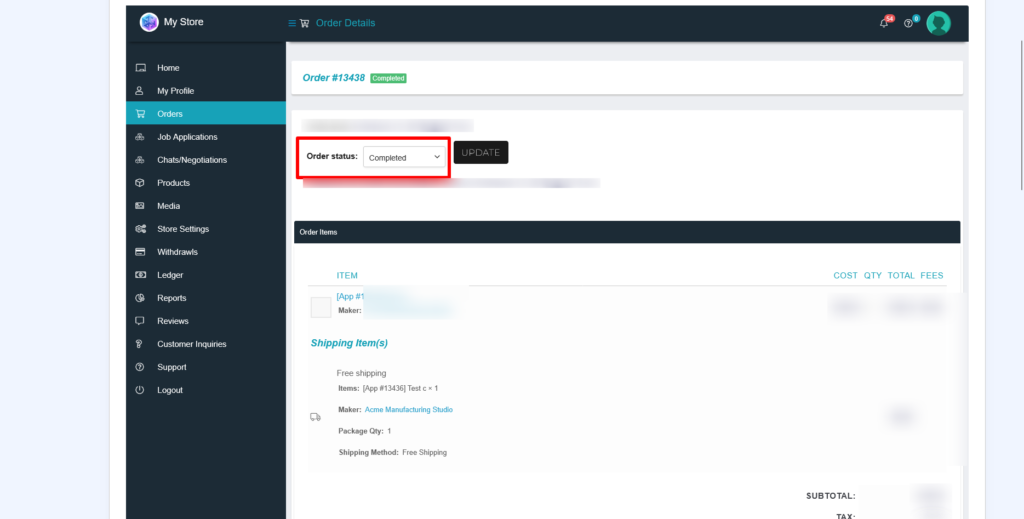order status management on 3DGigs